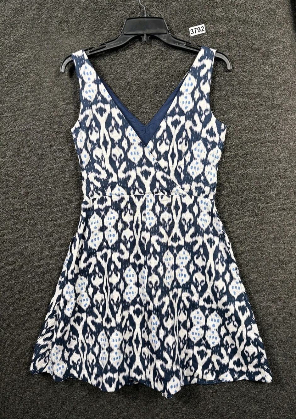 Gap Linen Dress Womens Sz 0 Blue White Sleeveless V Neck Side Zip Lined